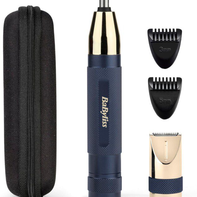Tondeuse de nez, oreilles et sourcils pour homme : kit de toilettage élégant en doré et bleu pour un look soigné