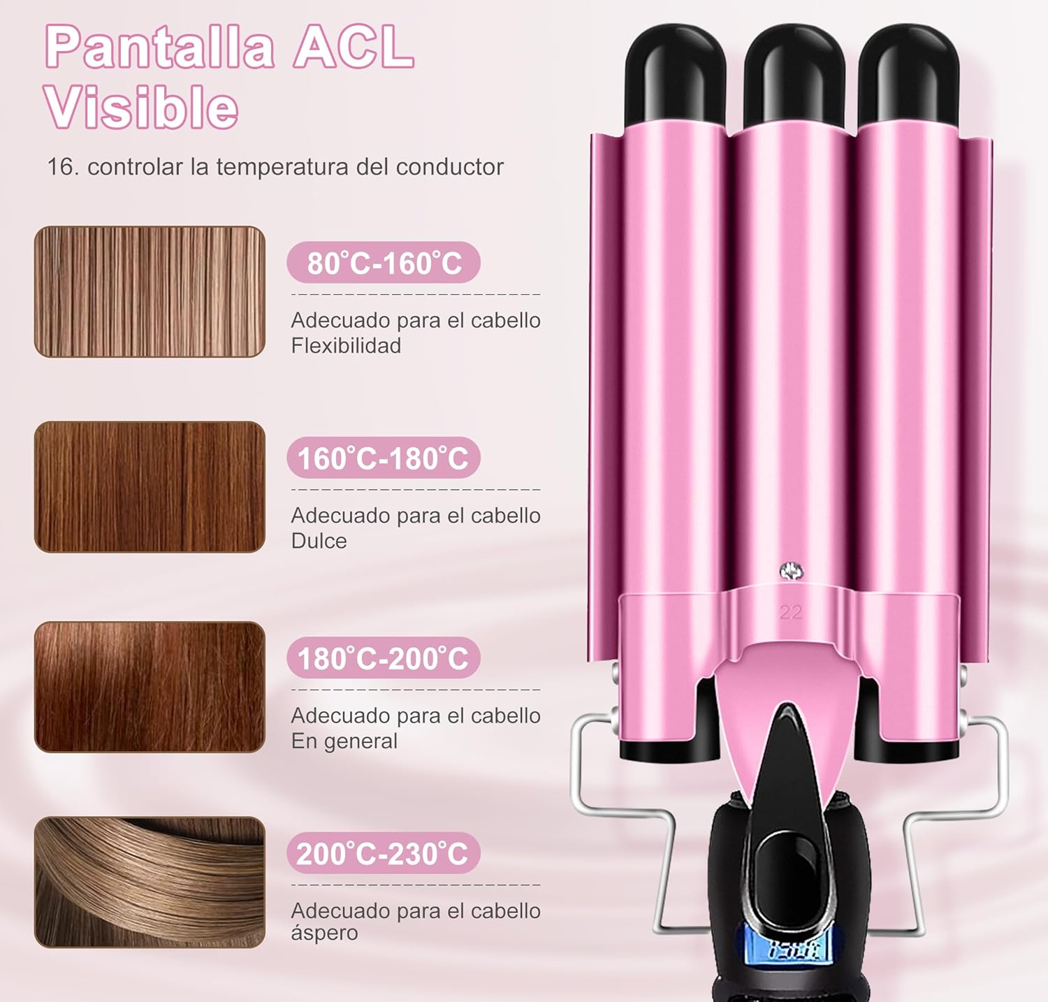 Fer à friser 3 barils : pour des boucles parfaites en un temps record Découvrez le fer à boucler réglable à chauffage rapide, idéal pour tous les types de cheveux, longs ou courts. Grâce à sa technologie avancée en céramique, ce boucleur à cheveux de 25 mm vous garantit des ondulations élégantes et durables tout en préservant la santé de votre chevelure. Profitez d'un affichage LCD pour un réglage précis de la température, et révélez votre style en toute simplicité ! – Image 4