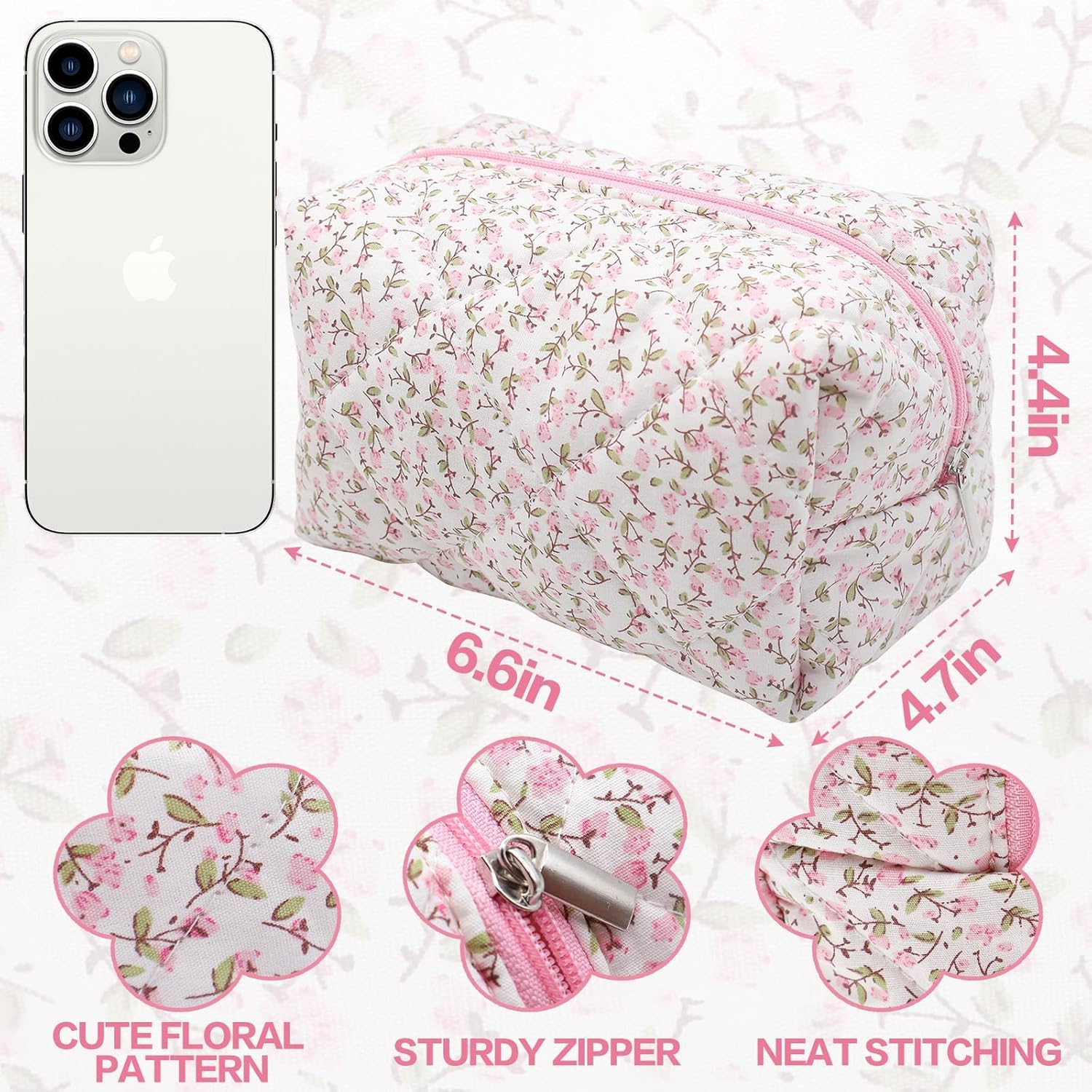 Trousse de maquillage matelassée : grande capacité pour femmes, idéale lors de vos voyages avec un motif floral élégant – Image 2