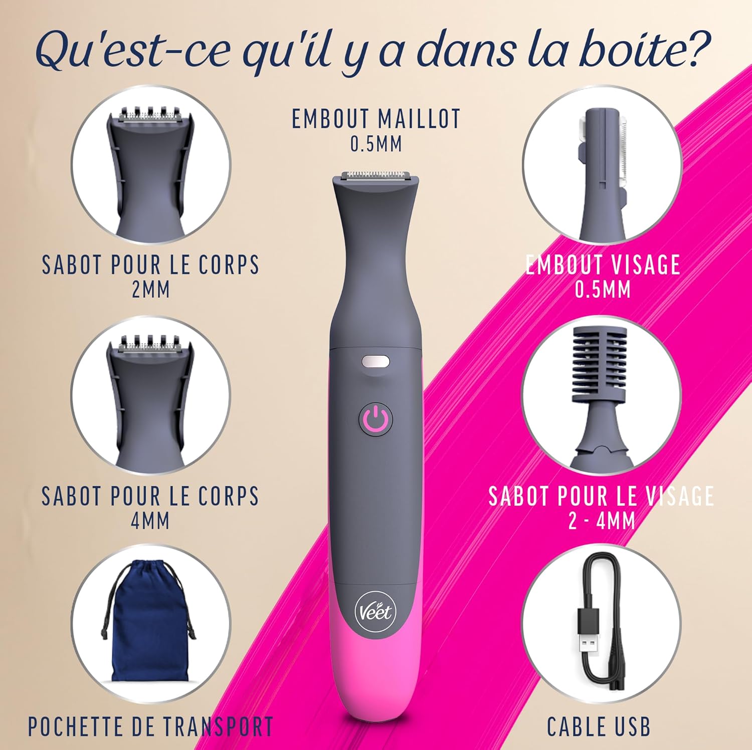 Veet Expert : tondeuse tout-en-un pour femmes, idéale pour le maillot, le visage et les sourcils Rasoir électrique multi-usage 100 % étanche avec chargeur USB pour un épilage précis et rapide – Image 5
