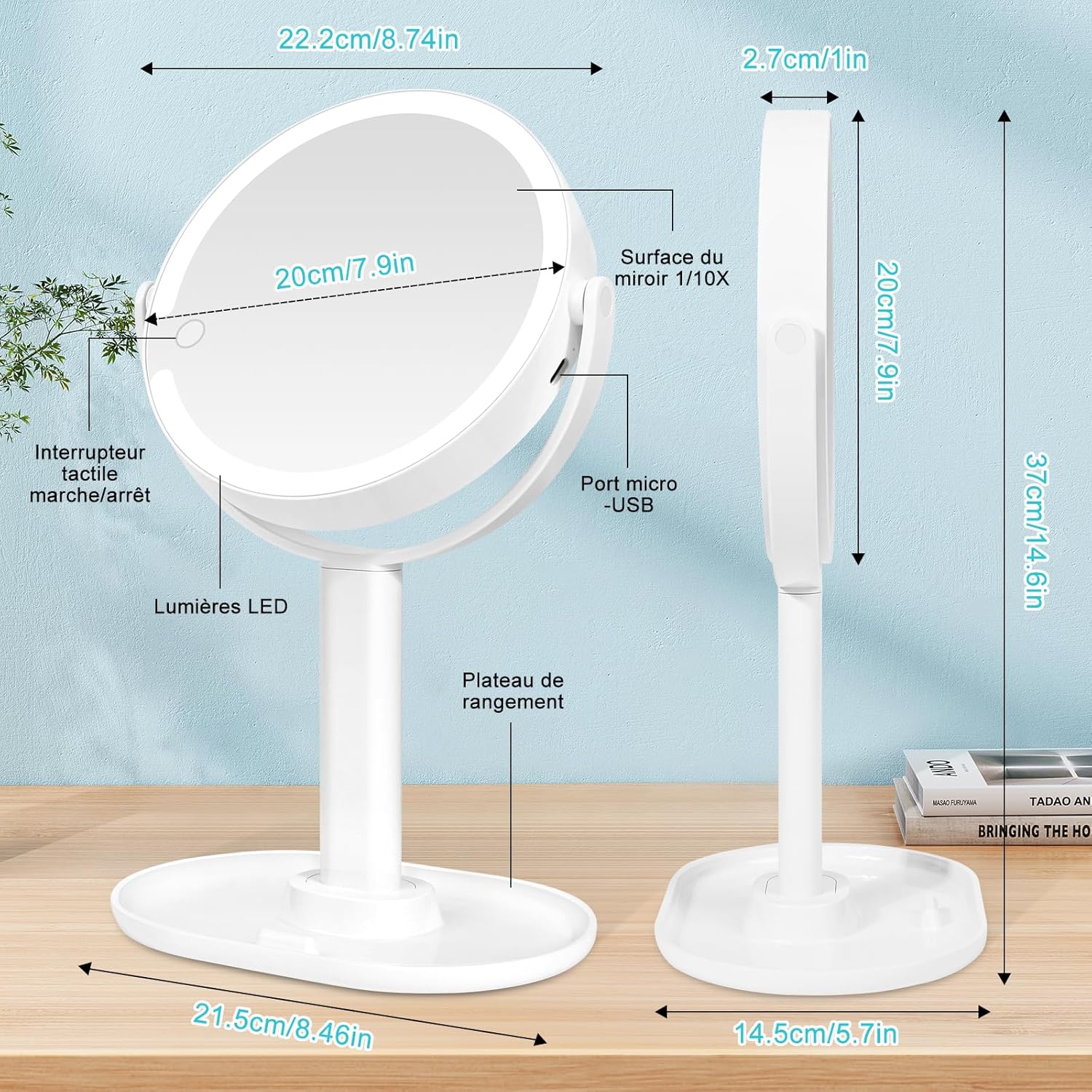 Miroir maquillage LED : l'allié parfait pour vos routines beauté Découvrez le miroir grossissant lumineux 1X / 10X, idéal pour les passionnées de maquillage. Grâce à sa rotation à 360° et ses trois couleurs de lumière, cet accessoire vous permettra d'ajuster la luminosité selon vos besoins, pour un maquillage impeccable à chaque utilisation. Offrez-vous une expérience de beauté raffinée et pratique avec ce miroir sur pied, doté de 80 perles lumineuses pour un reflet éclatant. – Image 7
