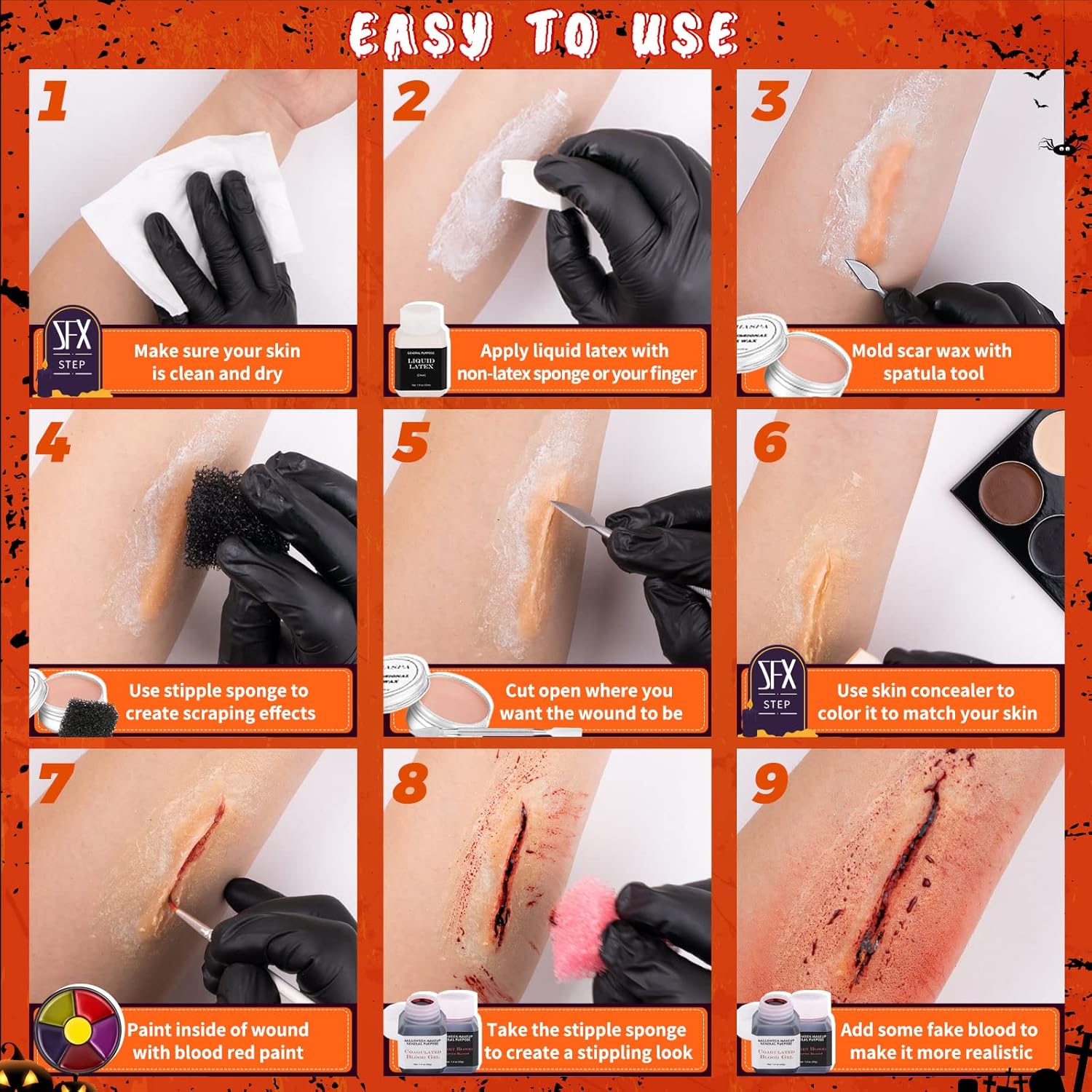 Kit de maquillage SFX en latex liquide : effets spéciaux pour créateurs de fausses cicatrices Idéal pour les passionnés de maquillage artistique et les professionnels du cinéma Ce kit complet vous permet de réaliser des maquillages époustouflants avec cire de cicatrice, latex liquide, faux sang et outils nécessaires pour impressionner à chaque création. – Image 5