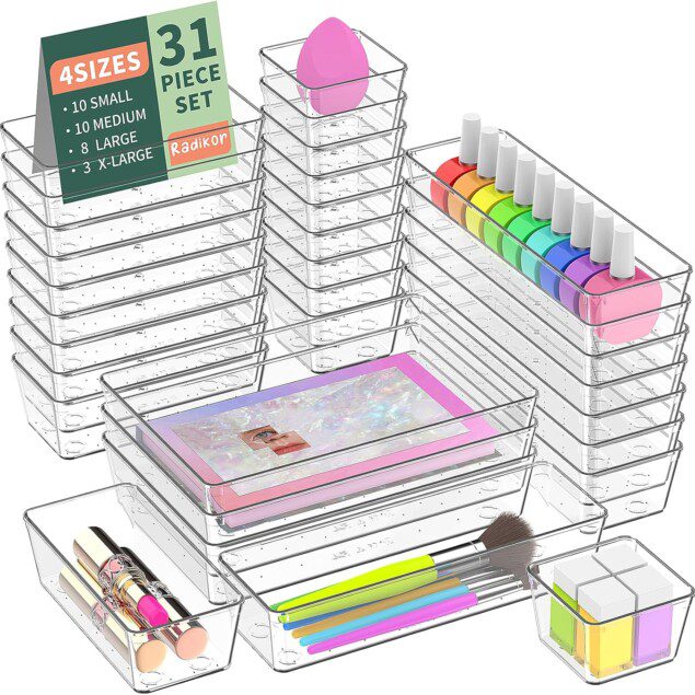 Organisateurs de tiroir : lot de 31 bacs transparents pour un rangement optimal dans la salle de bain, la cuisine et le bureau
