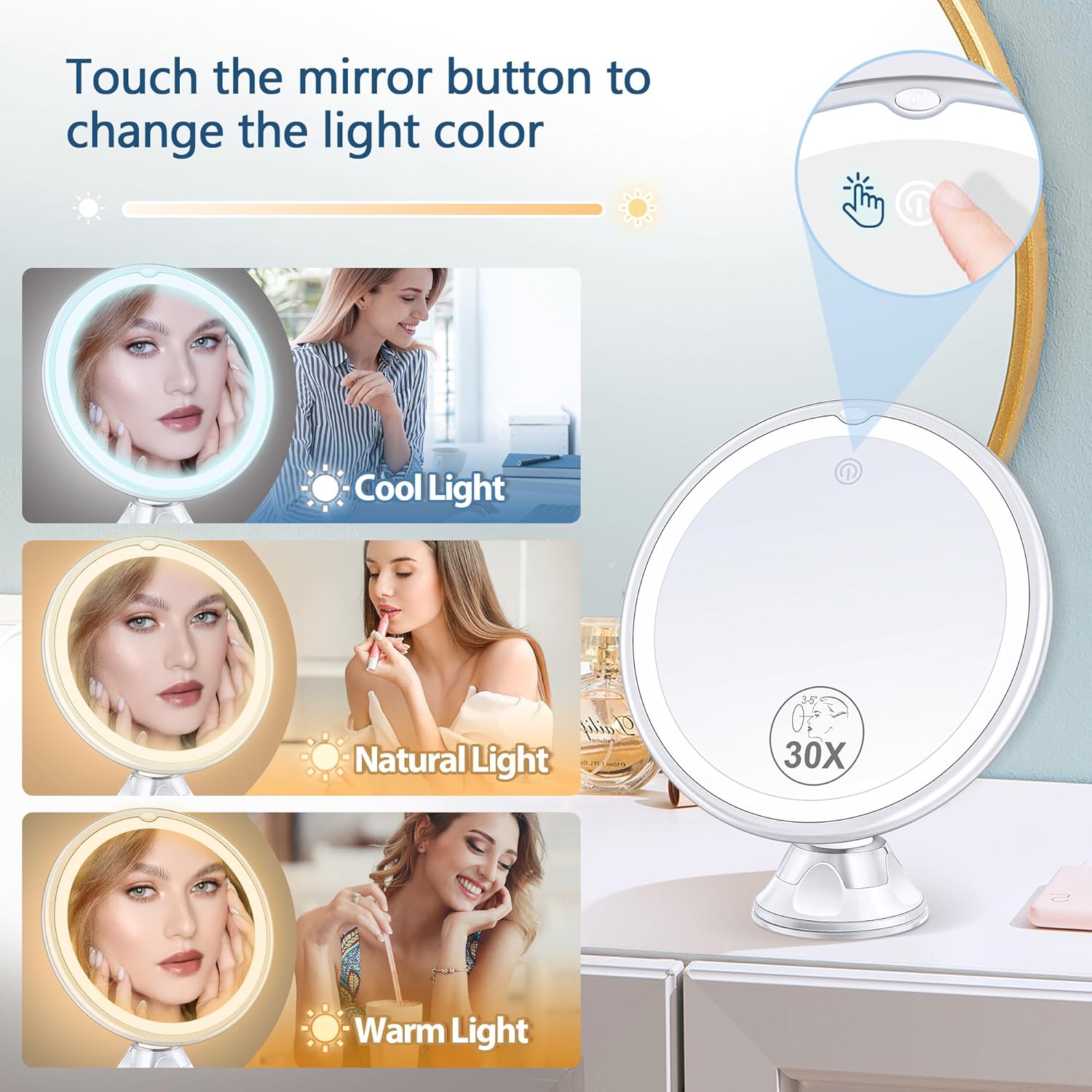 Miroir de maquillage grossissant 30X pour un maquillage parfait : lumière ajustable et 3 modes de couleurs pour sublimer votre beauté – Image 3