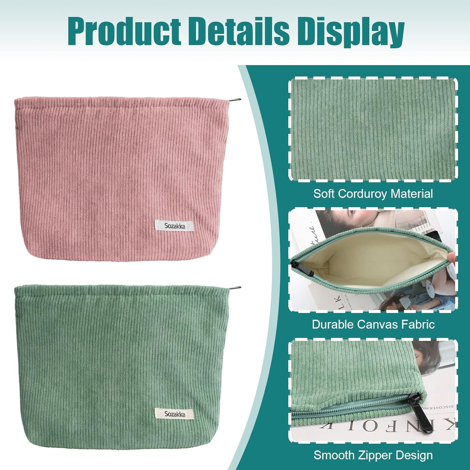 Trousse de toilette voyage : élégante pochette de maquillage en velours côtelé pour femmes et filles Profitez d'un rangement pratique et stylé en vert et rose – Image 3