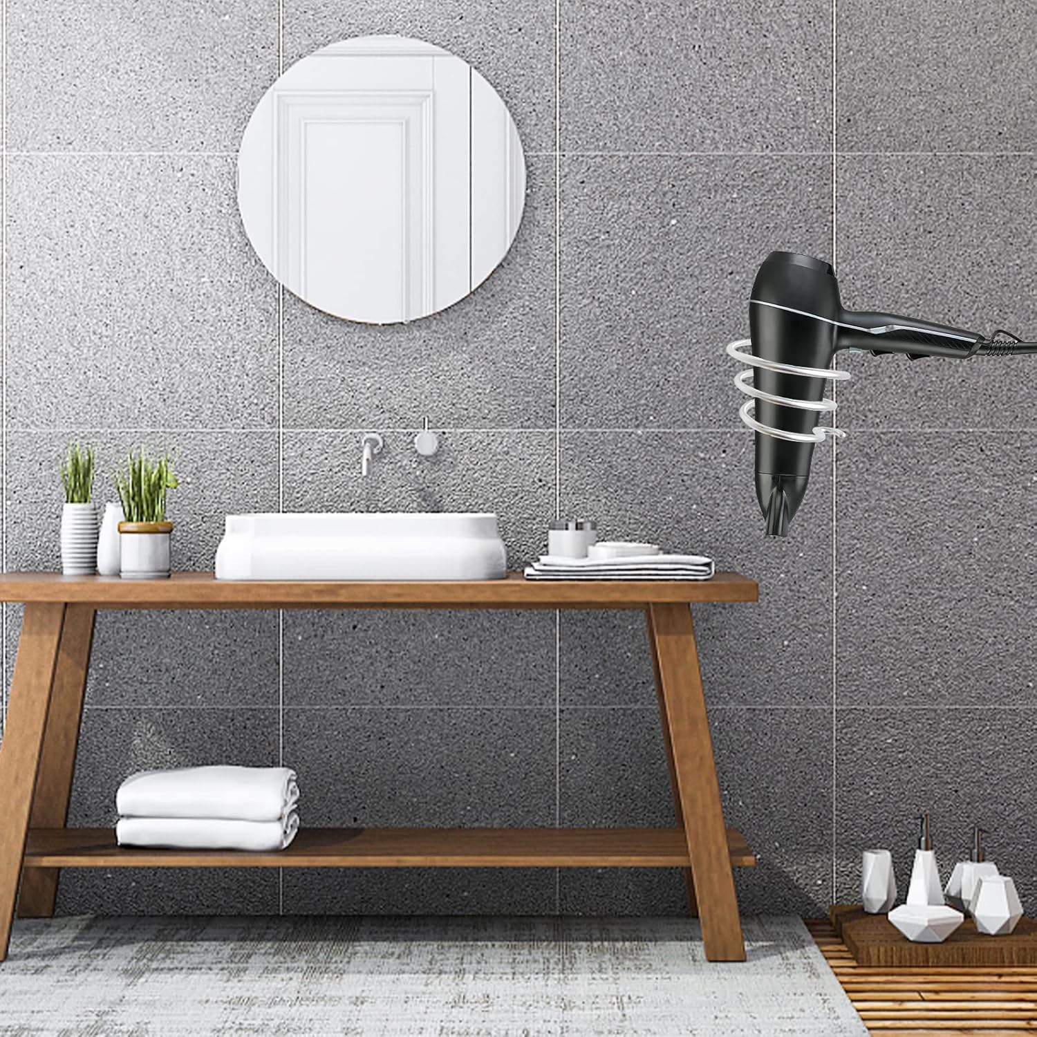 Porte sèche cheveux en spirale : support mural élégant pour la salle de bain et la cuisine Optimisez votre espace avec ce support en aluminium, facile à installer sans perçage, qui garde vos appareils de coiffure à portée de main tout en ajoutant une touche de style à votre décoration. – Image 4