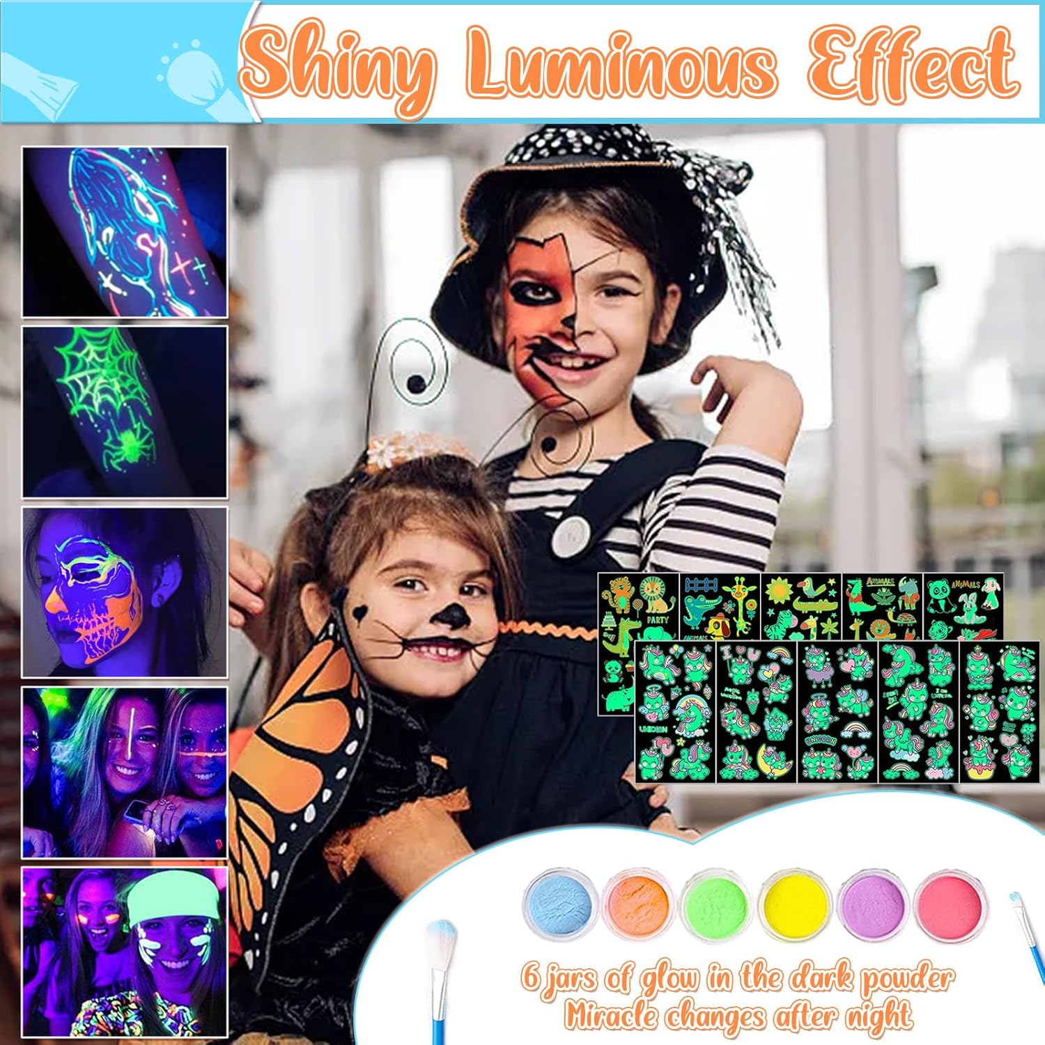 Tatouages temporaires scintillants : le kit parfait pour enfants lors des fêtes 50 couleurs, pochoirs créatifs et autocollants lumineux pour un maquillage festif inoubliable – Image 3