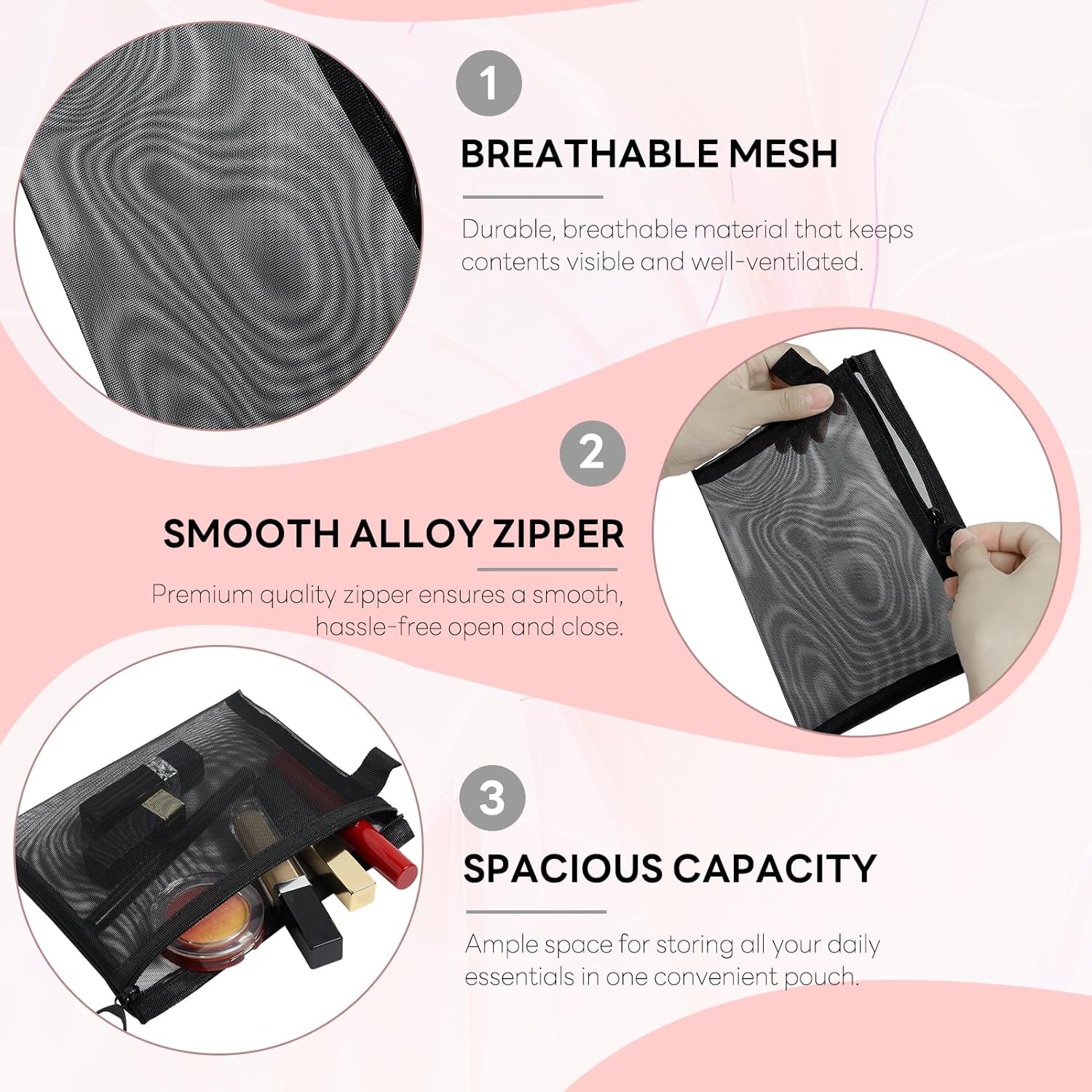 Lot de 4 sacs de rangement de maquillage en maille : élégance et praticité pour les passionnées de beauté – Image 3