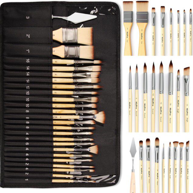 Pinceaux de peinture professionnels : 26 pièces idéales pour artistes débutants et confirmés Découvrez notre set complet pour aquarelles, acryliques, huiles et gouaches, avec étui pratique et couteau inclus
