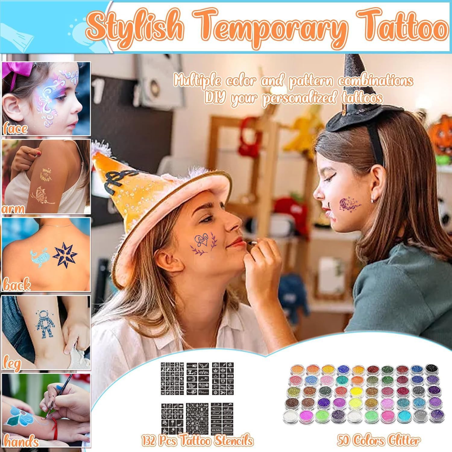 Tatouages temporaires scintillants : le kit parfait pour enfants lors des fêtes 50 couleurs, pochoirs créatifs et autocollants lumineux pour un maquillage festif inoubliable – Image 2