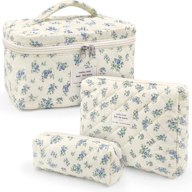 Trousse de toilette pour femme : lot de 3 pochettes matelassées fleuries en coton doux pour un rangement élégant des cosmétiques en voyage