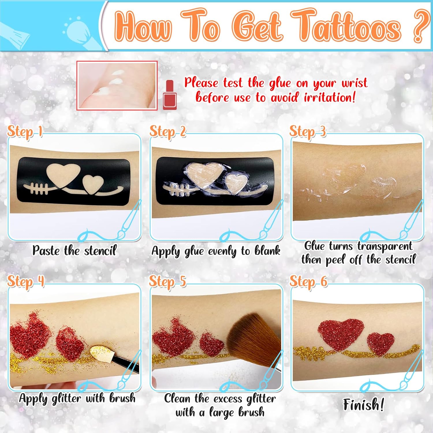 Tatouages temporaires scintillants : le kit parfait pour enfants lors des fêtes 50 couleurs, pochoirs créatifs et autocollants lumineux pour un maquillage festif inoubliable – Image 6