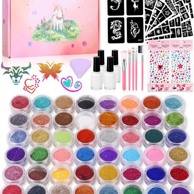 Kit de tatouage paillettes pour enfants : 48 couleurs et 250 pochoirs pour des créations festives et sans danger