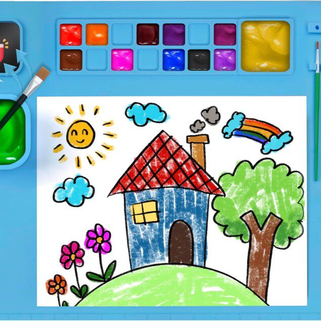 Tapis de peinture silicone bleu : l'outil parfait pour les enfants créatifs Découvrez notre set de peinture silicone comprenant un tapis antidérapant, un pot magnétique pliable, une palette, un porte-pinceaux et des règles, idéal pour stimuler l'imagination des enfants tout en facilitant leur expérience artistique. Dimensions : 50 x 40 cm.