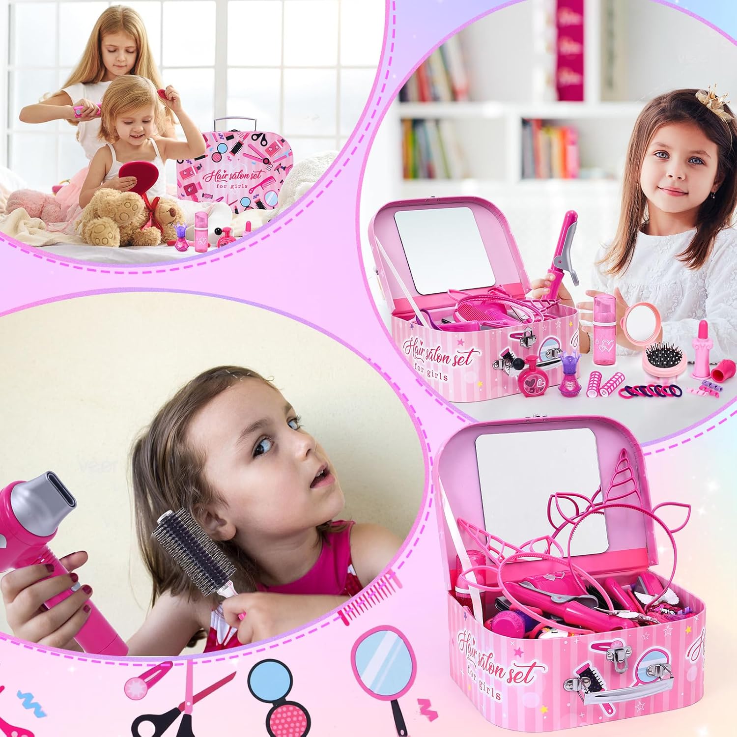 Set coiffure enfant fille : jouet créatif avec sèche-cheveux et accessoires pour une expérience de coiffeuse inoubliable – Image 7