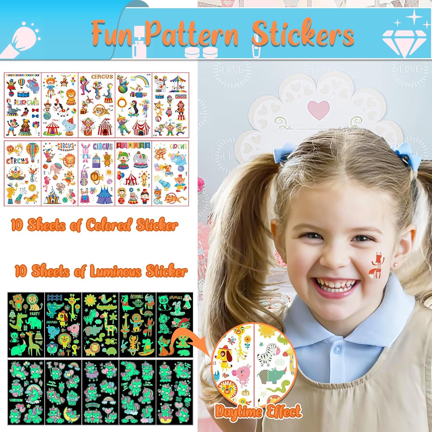 Tatouages temporaires scintillants : le kit parfait pour enfants lors des fêtes 50 couleurs, pochoirs créatifs et autocollants lumineux pour un maquillage festif inoubliable – Image 5