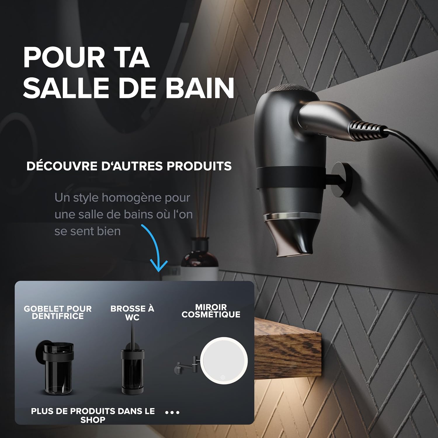 Porte-sèche-cheveux en acier inoxydable noir mat : le choix élégant pour votre salle de bain Optimisez votre espace avec un support mural pratique et rembourré pour un rangement organisé – Image 7