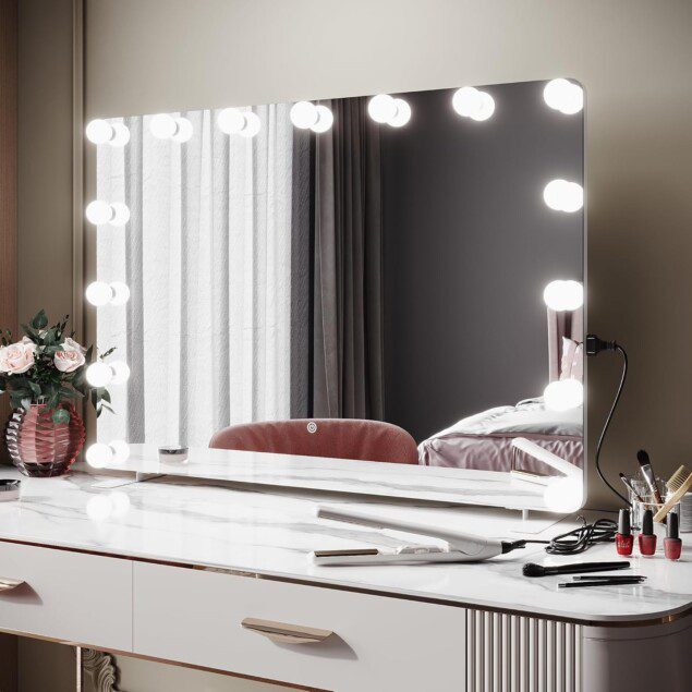 Miore lumineux LED pour une mise en beauté parfaite : miroir Hollywood à 16 lampes avec 3 couleurs et mémoire de luminosité