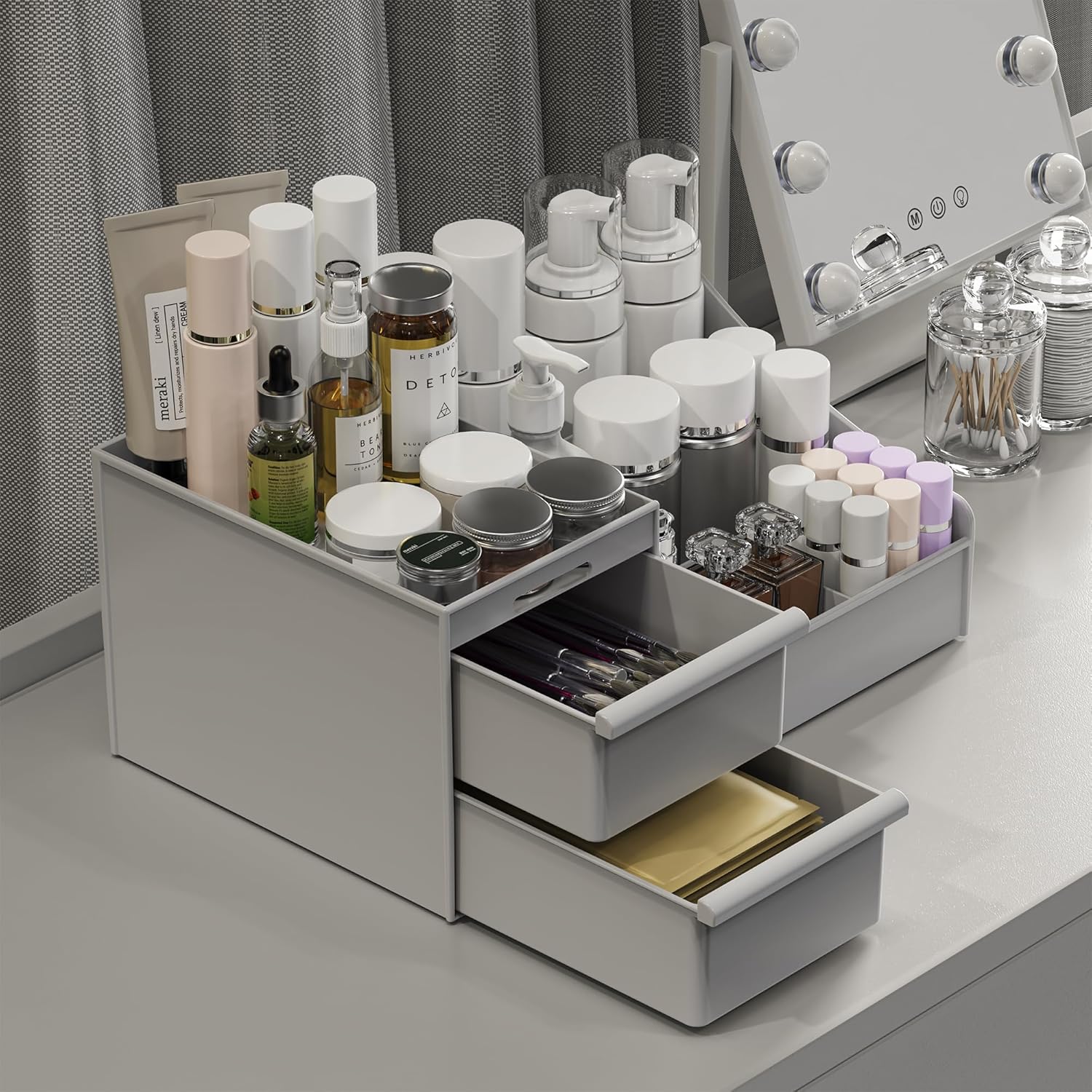 Organisateur de maquillage élégant : rangement idéal pour dresser et salle de bain Grande capacité avec 2 tiroirs pour un rangement efficace de vos produits de beauté