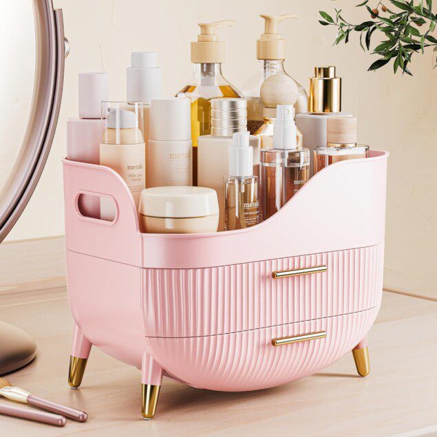Organisateur de maquillage avec 2 tiroirs : le rangement idéal pour votre vanité et salle de bain   Découvrez un système de stockage multifonctionnel en rose, conçu pour les passionnées de beauté et de soins personnels