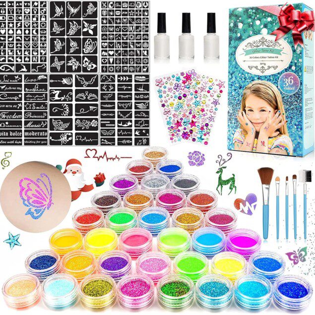 Kit tatouage paillettes : un cadeau idéal pour les enfants lors des anniversaires et fêtes
Découvrez 36 couleurs éclatantes avec 182 pochoirs et 215 strass non-toxiques pour un maquillage festif et créatif