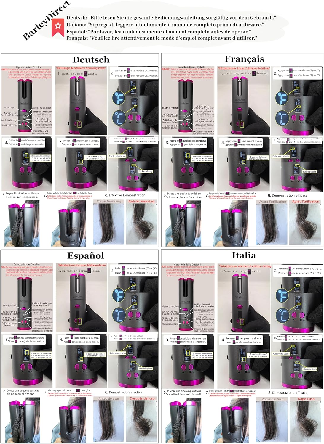 Fer à boucler automatique : l'outil idéal pour des boucles parfaites en un temps record Pour les passionnées de coiffure, avec 6 réglages de température et un minuteur de 8 à 18 secondes Profitez d'un écran LCD et d'une protection anti-brûlure pour des résultats professionnels à domicile Rechargeable par USB pour une utilisation pratique et sans contrainte – Image 9