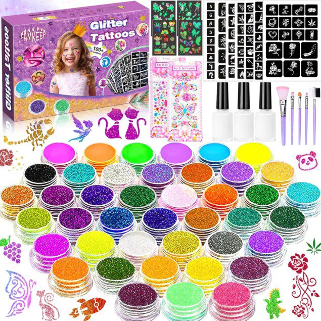 Kit de tatouage à paillettes pour enfants : 42 couleurs éclatantes et 223 pochoirs pour des fêtes inoubliables