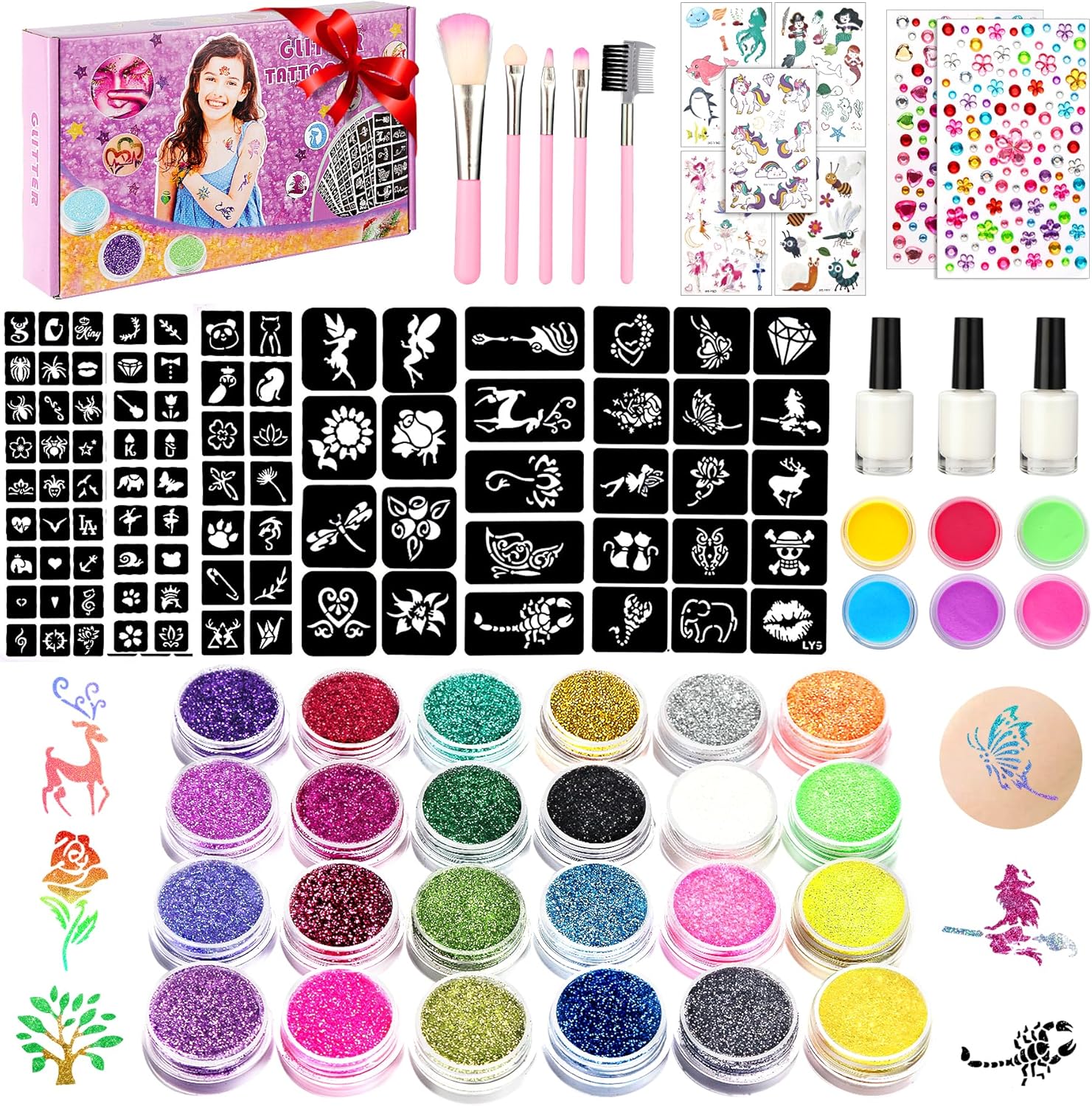 Kit de tatouage paillettes pour enfants : 30 couleurs éclatantes, pochoirs créatifs et pinceaux pour des moments festifs inoubliables