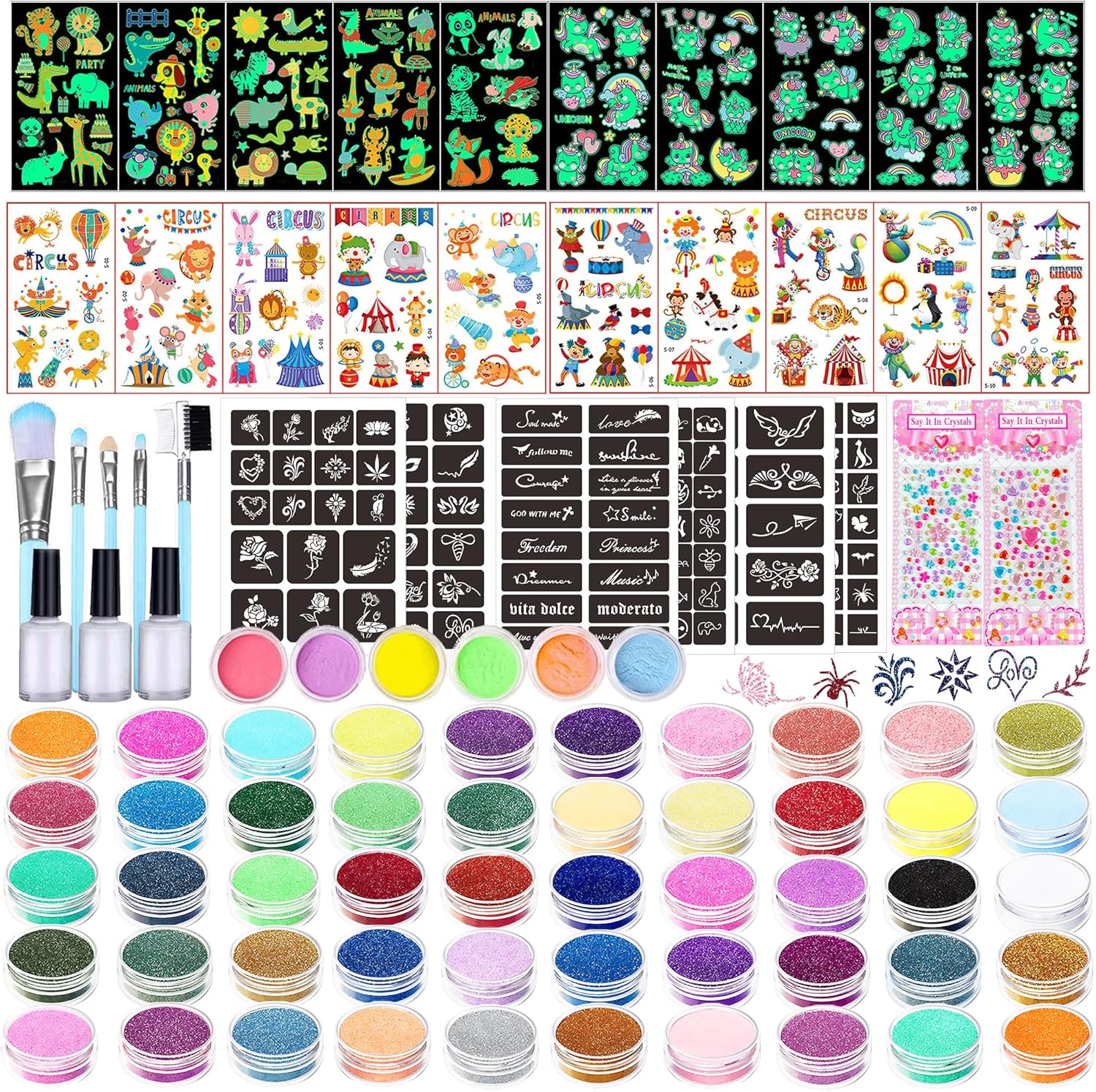 Tatouages temporaires scintillants : le kit parfait pour enfants lors des fêtes 50 couleurs, pochoirs créatifs et autocollants lumineux pour un maquillage festif inoubliable