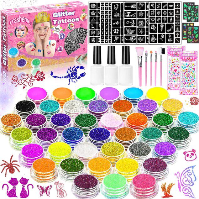 Kit de tatouage paillettes pour enfants : 41 couleurs, 136 pochoirs et 218 strass pour des maquillages temporaires éclatants au carnaval