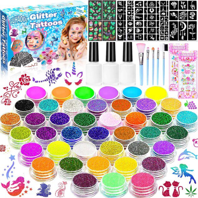 Tatouage temporaire paillettes : kit complet pour enfants avec 41 couleurs, 159 pochoirs et 245 strass pour un carnaval scintillant