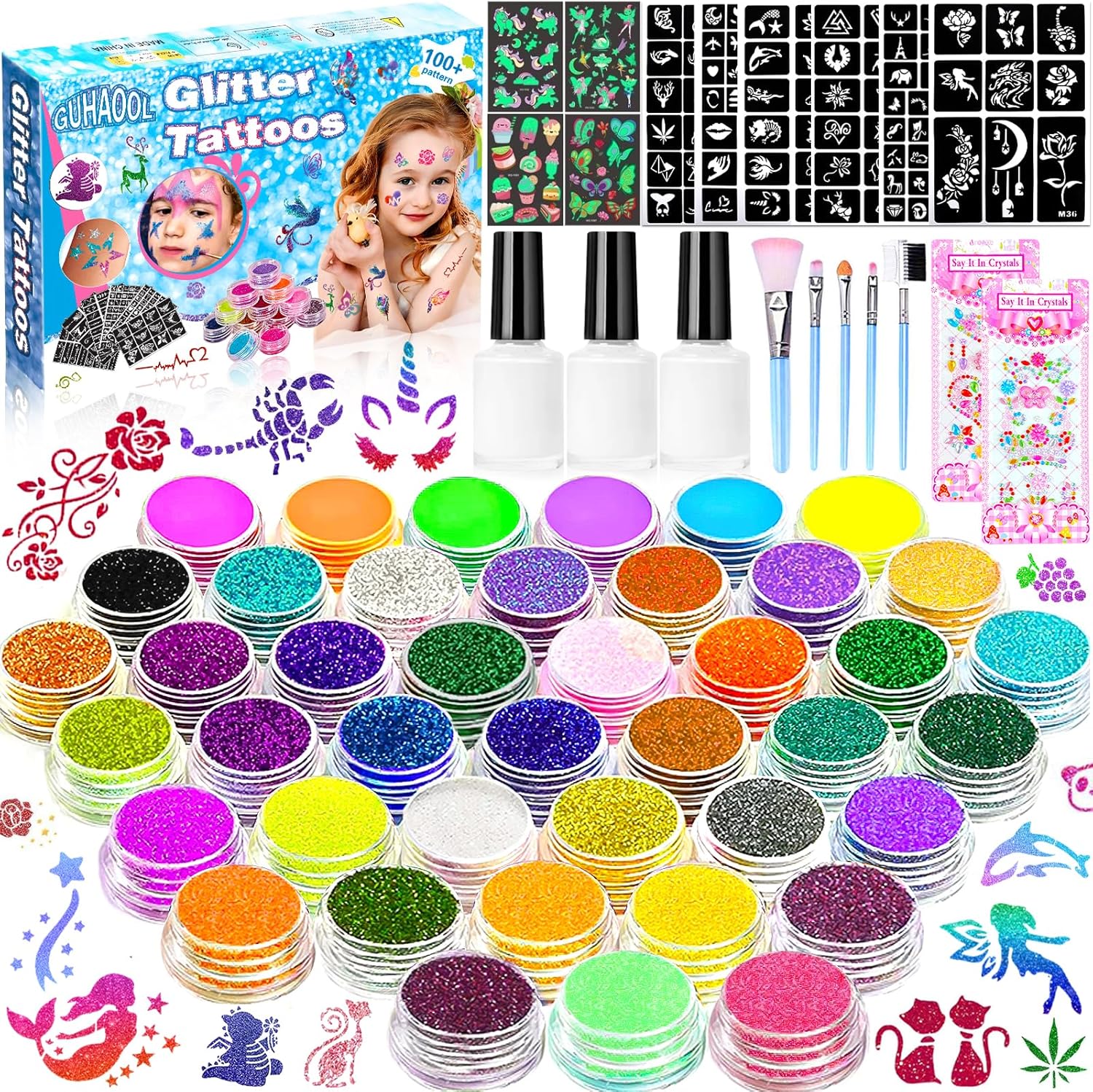 Tatouage temporaire paillettes : kit complet pour enfants avec 41 couleurs, 159 pochoirs et 245 strass pour un carnaval scintillant